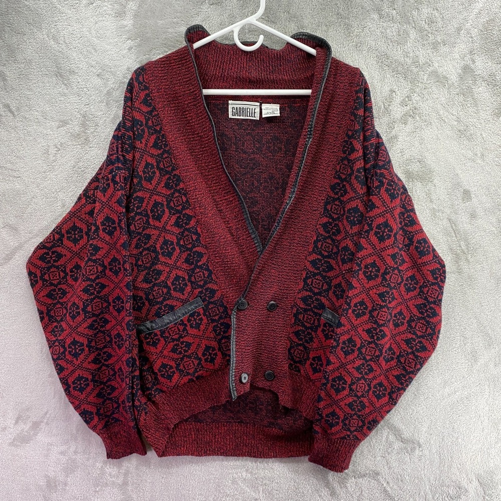 Vintage Gabrielle XL Red Black Geometric V Neck Cardigan Sweater Leather Trim